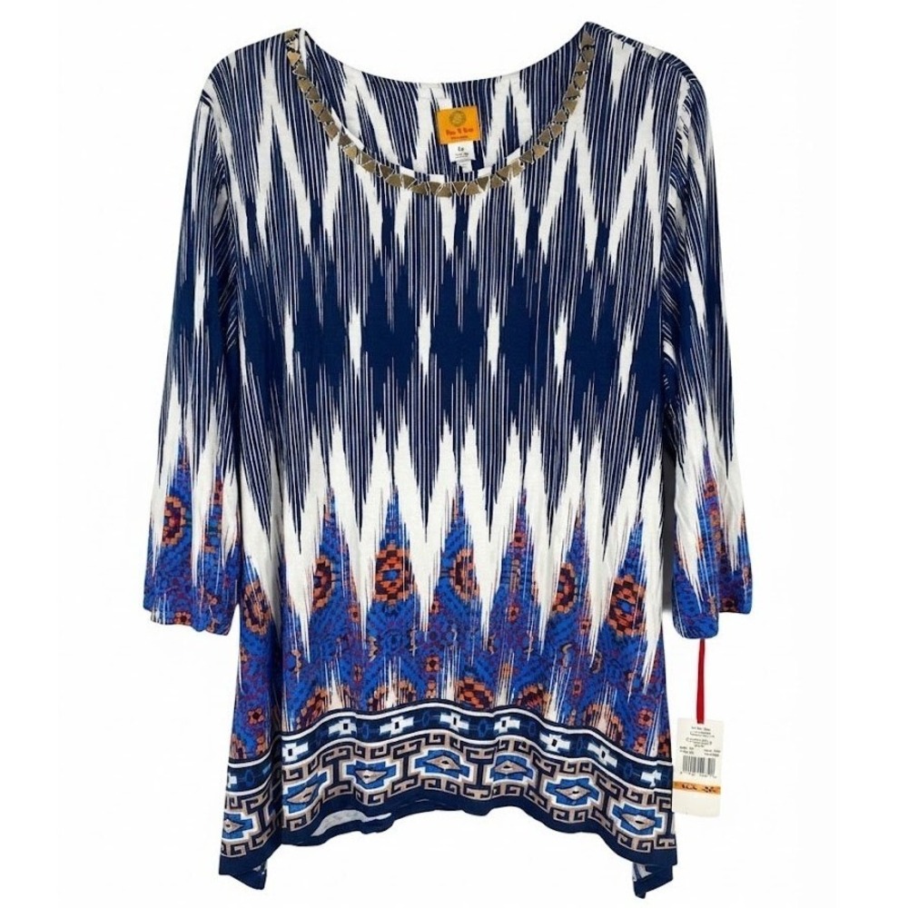 NEW Ruby Rd Woman Blue Ikat Geometric Embellished Sharkbite Top 3X Tunic